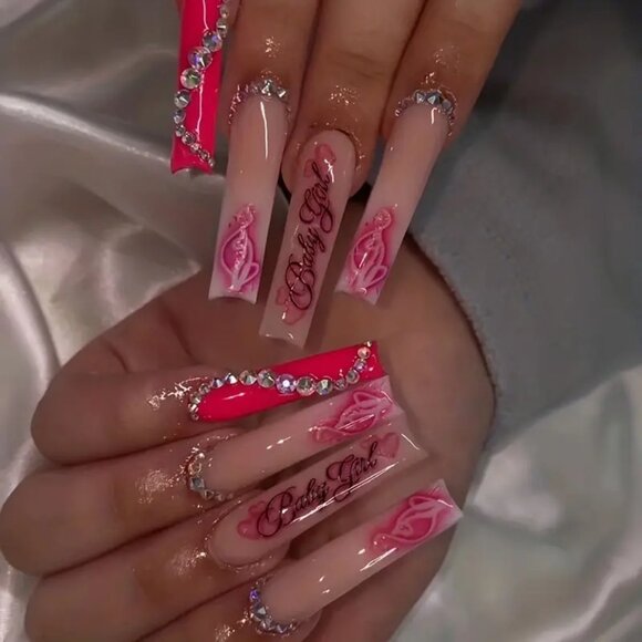 Other - Y2K Pink Square Press On Nails, Long Coffin Fake Nails Set